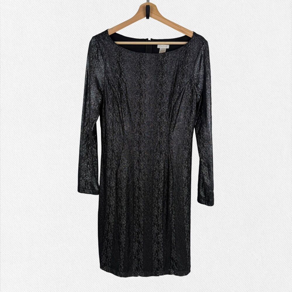 Cache Gray Metallic Sheath Dress 10 Long Sleeve Whimsigoth Glam Shimmer Y2K 80's